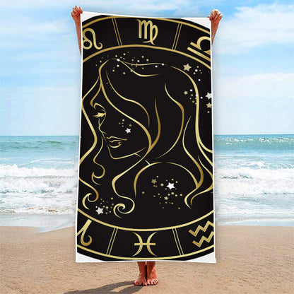 Gold And Black Virgo Sign Print Beach Towel