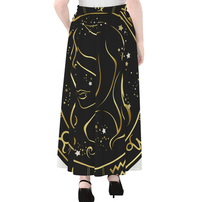 Gold And Black Virgo Sign Print Chiffon Maxi Skirt