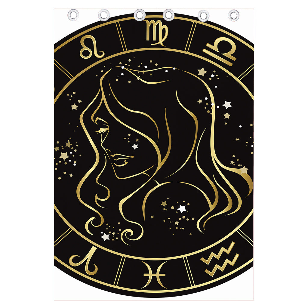 Gold And Black Virgo Sign Print Curtain