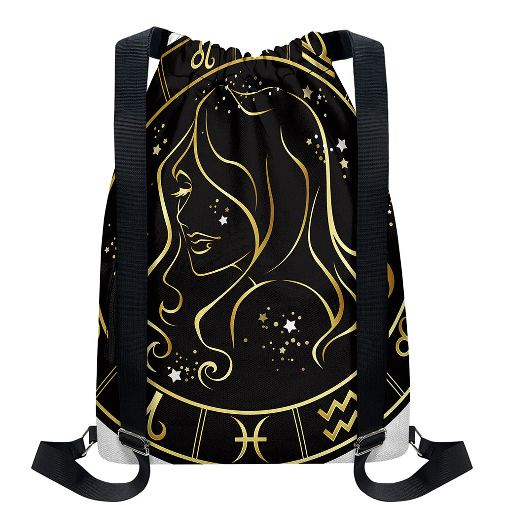 Gold And Black Virgo Sign Print Drawstring Backpack