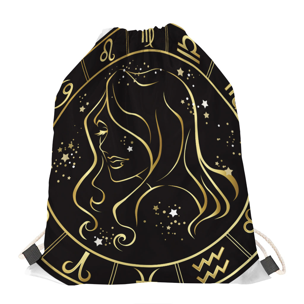Gold And Black Virgo Sign Print Drawstring Bag