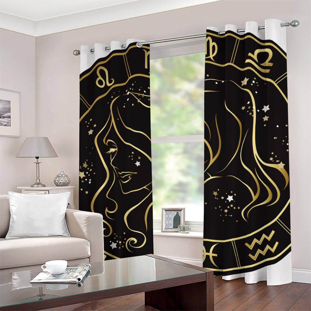 Gold And Black Virgo Sign Print Grommet Curtains