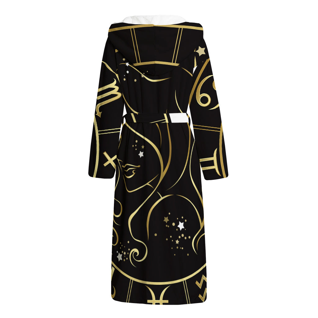 Gold And Black Virgo Sign Print Hooded Bathrobe