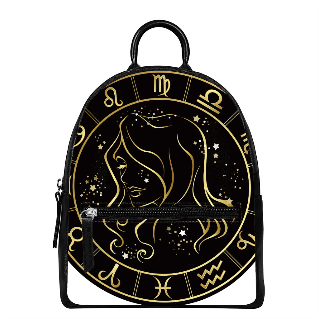 Gold And Black Virgo Sign Print Leather Backpack