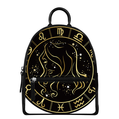 Gold And Black Virgo Sign Print Leather Backpack