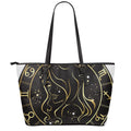 Gold And Black Virgo Sign Print Leather Tote Bag With Zipper