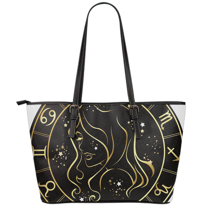 Gold And Black Virgo Sign Print Leather Tote Bag