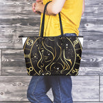 Gold And Black Virgo Sign Print Leather Tote Bag