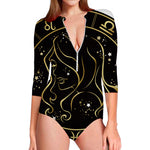 Gold And Black Virgo Sign Print Long Sleeve Swimsuit