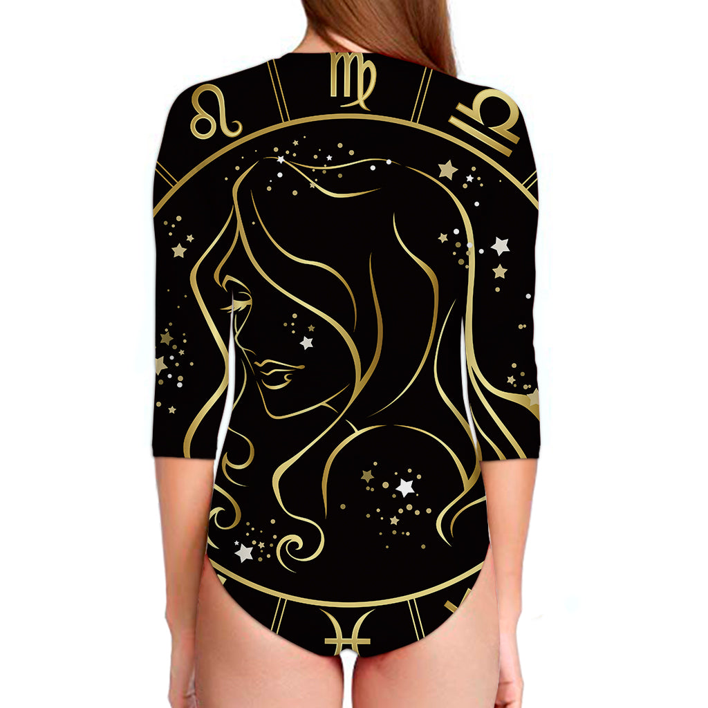 Gold And Black Virgo Sign Print Long Sleeve Swimsuit