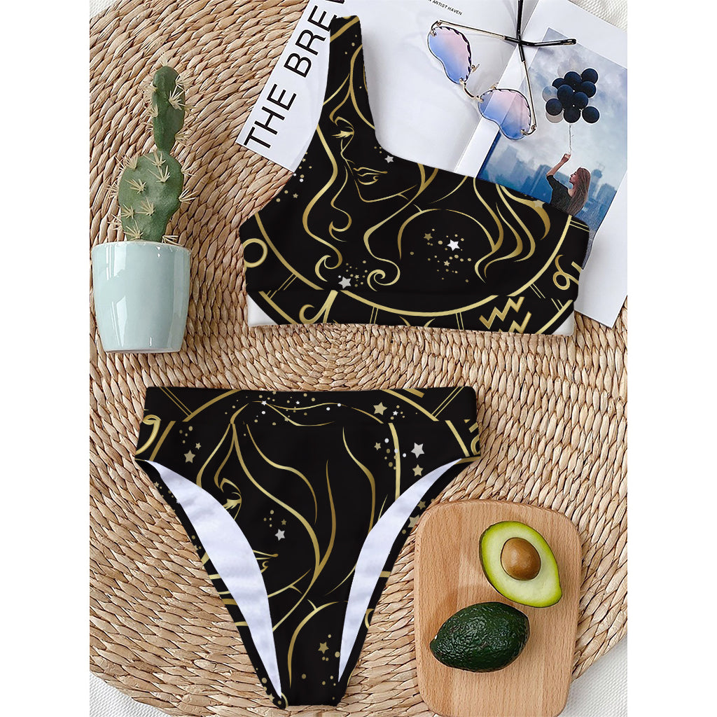 Gold And Black Virgo Sign Print One Shoulder Bikini Top