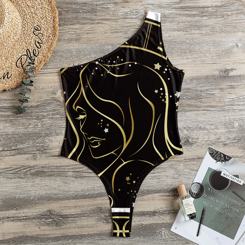Gold And Black Virgo Sign Print One Shoulder Bodysuit