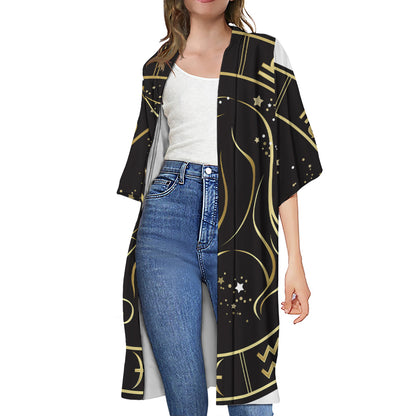 Gold And Black Virgo Sign Print Open Front Beach Cover Up