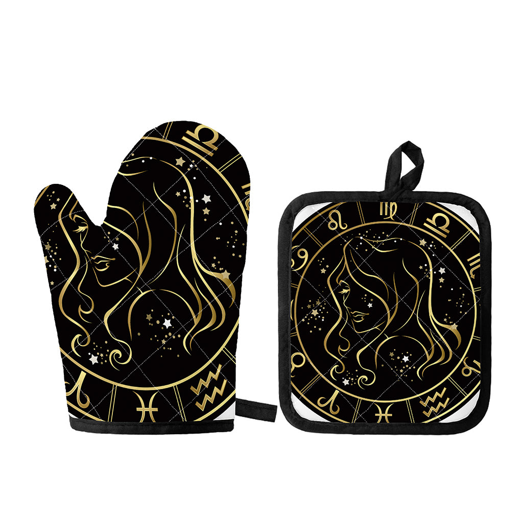 Gold And Black Virgo Sign Print Oven Mitt And Pot Holder Set