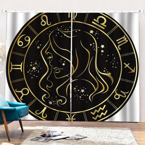 Gold And Black Virgo Sign Print Pencil Pleat Curtains