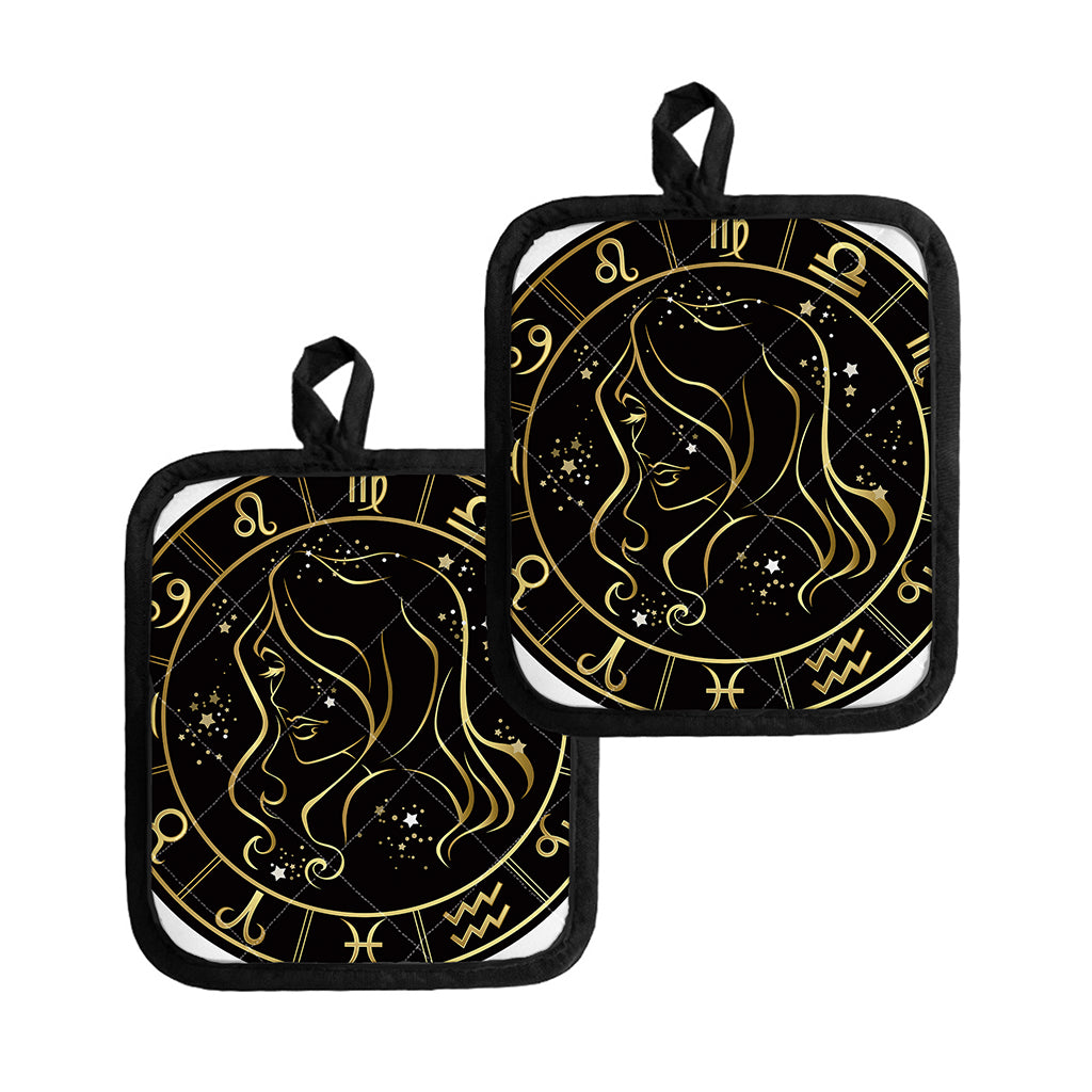 Gold And Black Virgo Sign Print Pot Holders