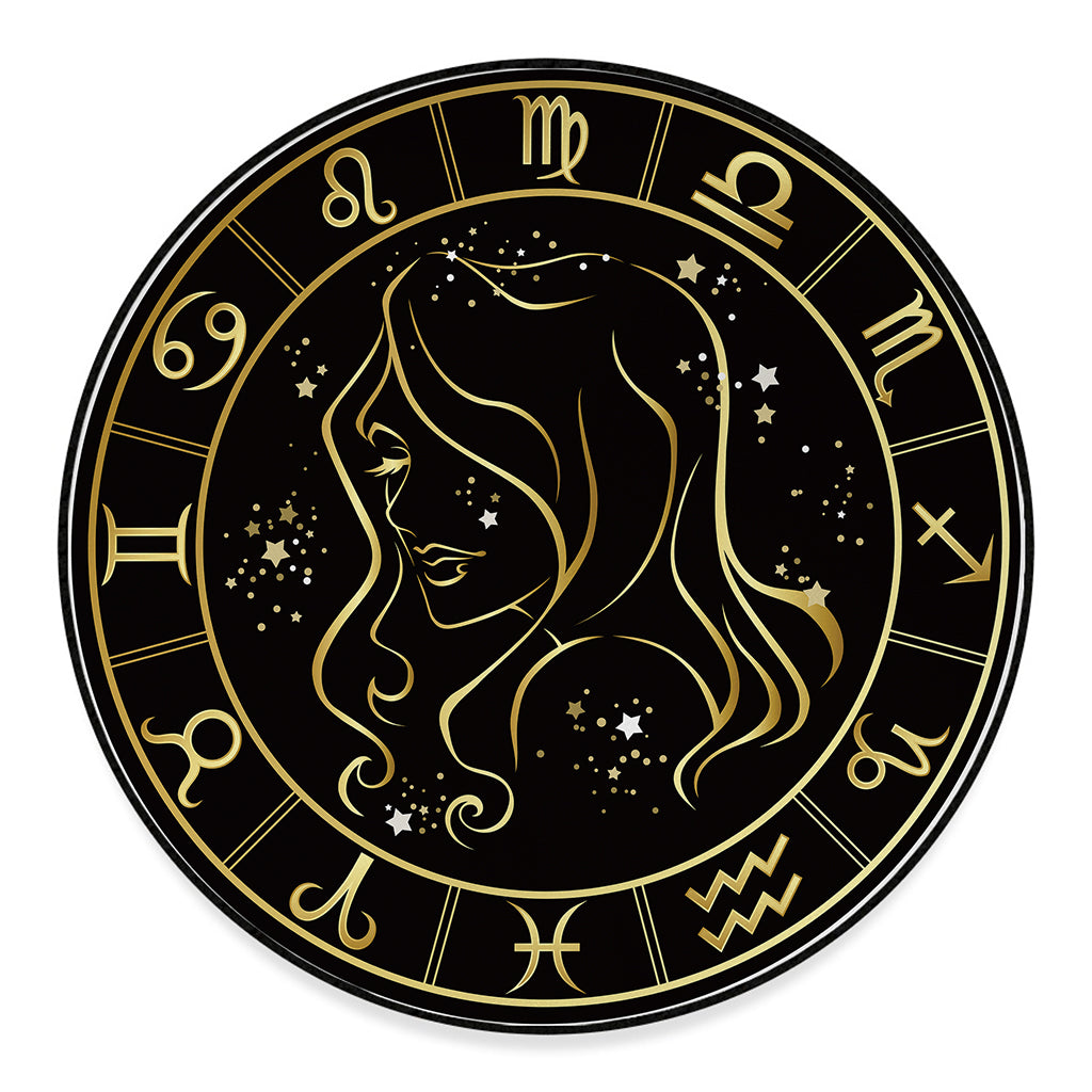 Gold And Black Virgo Sign Print Round Floor Mat