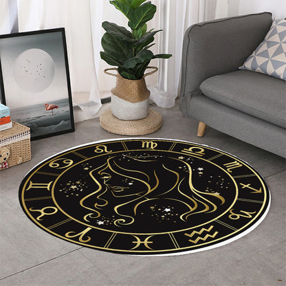 Gold And Black Virgo Sign Print Round Rug