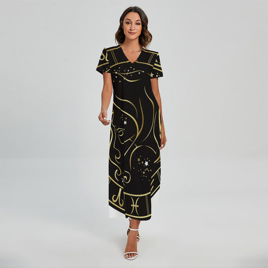 Gold And Black Virgo Sign Print Short Sleeve Maxi Dress