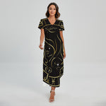 Gold And Black Virgo Sign Print Short Sleeve Maxi Dress