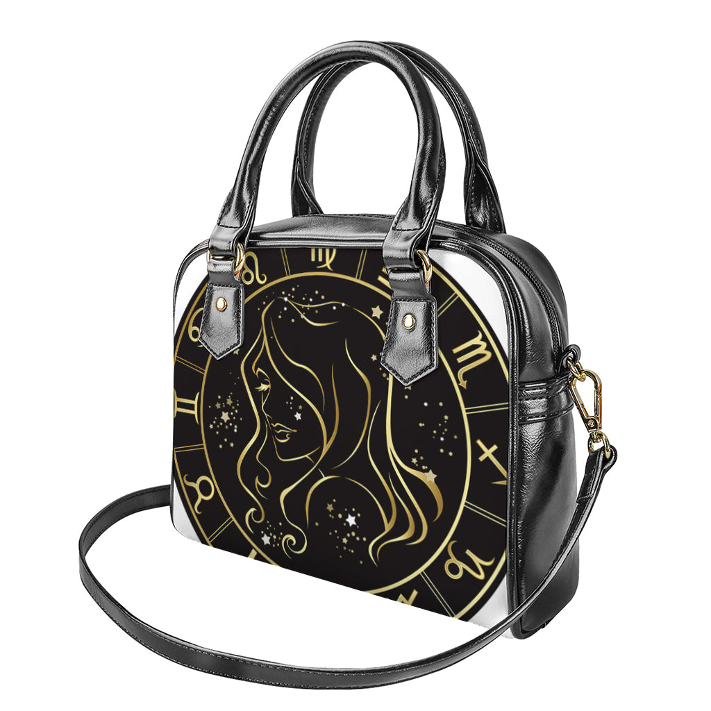 Gold And Black Virgo Sign Print Shoulder Handbag