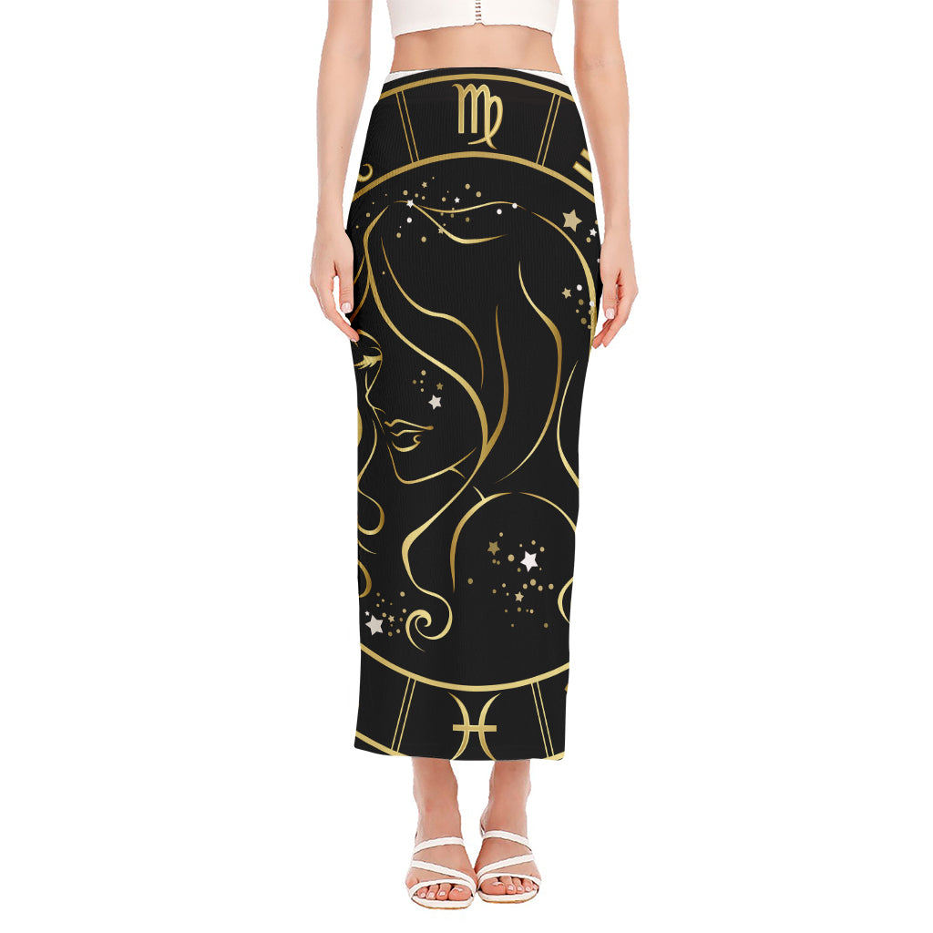 Gold And Black Virgo Sign Print Side Slit Maxi Skirt