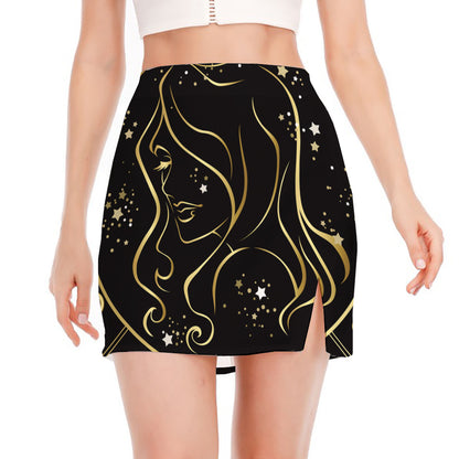 Gold And Black Virgo Sign Print Side Slit Mini Skirt