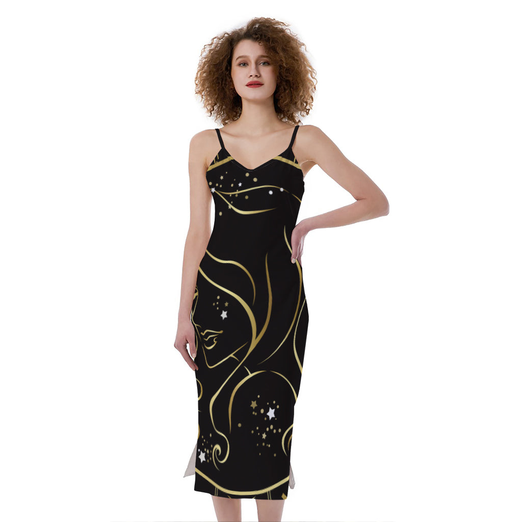 Gold And Black Virgo Sign Print Slim Fit Midi Cami Dress