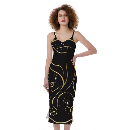 Gold And Black Virgo Sign Print Slim Fit Midi Cami Dress