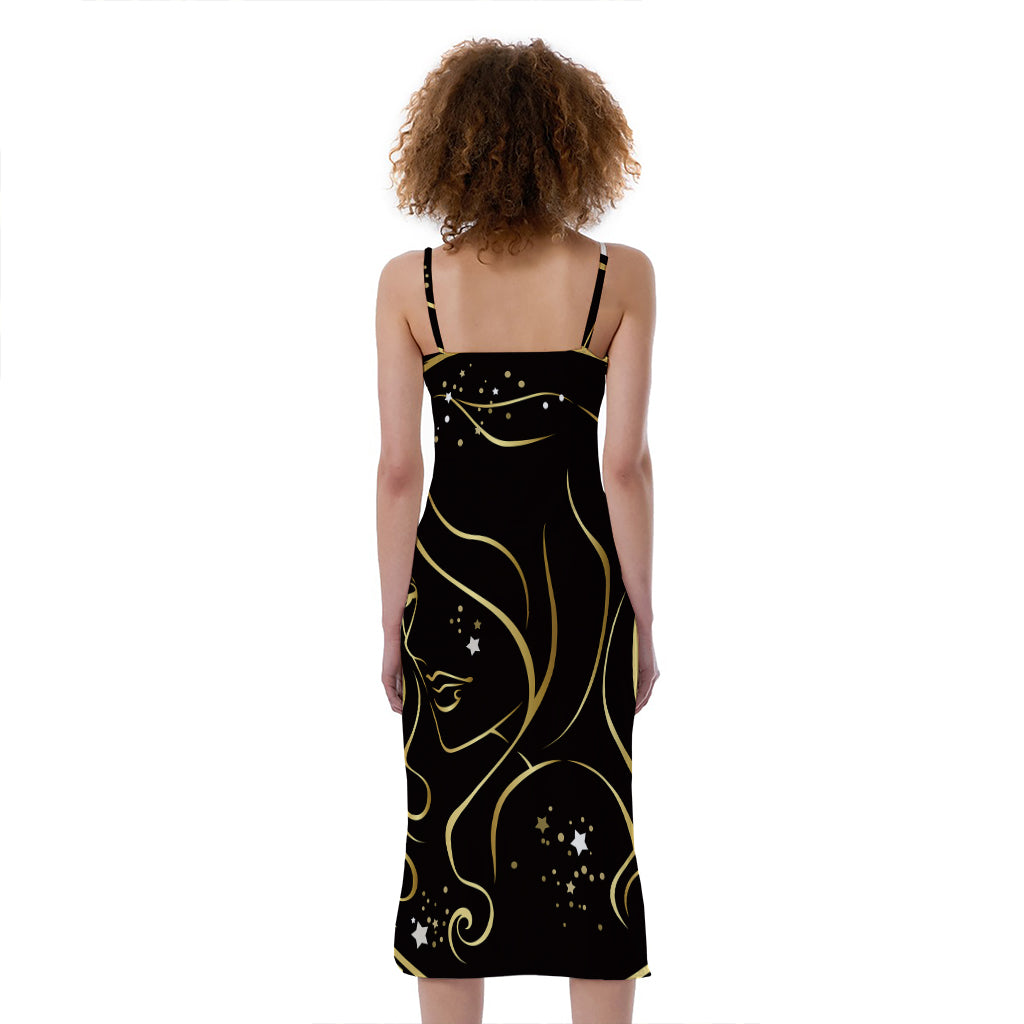 Gold And Black Virgo Sign Print Slim Fit Midi Cami Dress