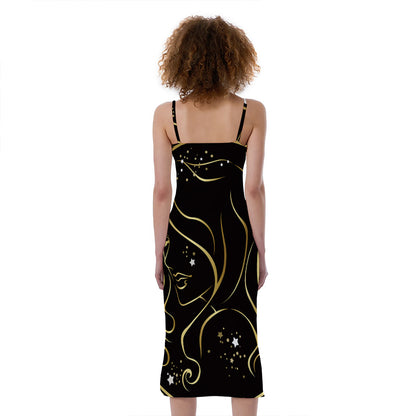 Gold And Black Virgo Sign Print Slim Fit Midi Cami Dress