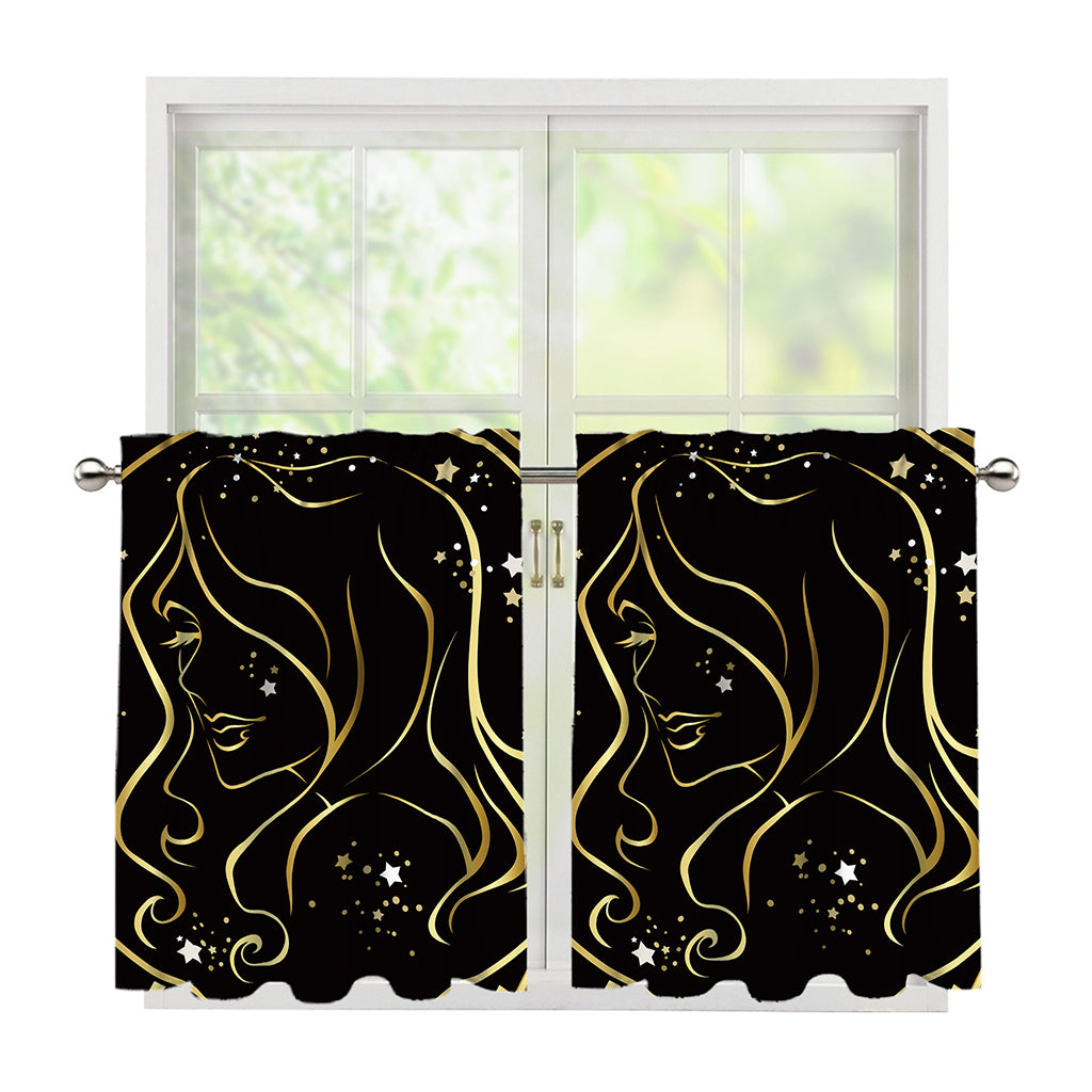 Gold And Black Virgo Sign Print Tier Curtains