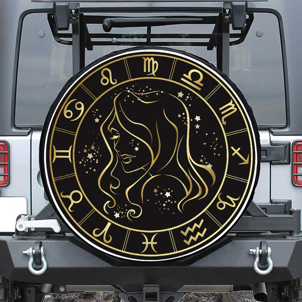 Gold And Black Virgo Sign Print Tire Cover