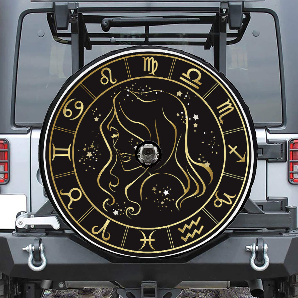 Gold And Black Virgo Sign Print Tire Cover With Camera Hole