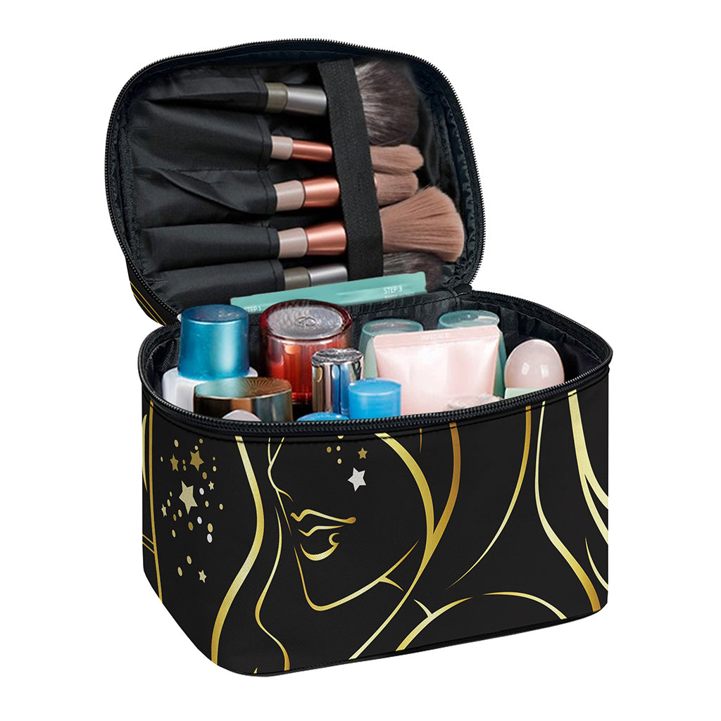 Gold And Black Virgo Sign Print Travel Makeup Bag