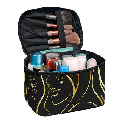 Gold And Black Virgo Sign Print Travel Makeup Bag