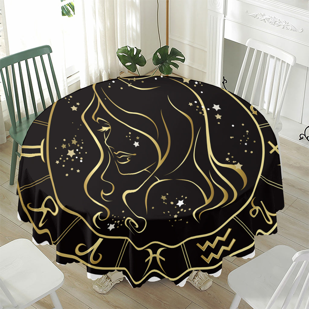 Gold And Black Virgo Sign Print Waterproof Round Tablecloth