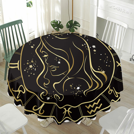 Gold And Black Virgo Sign Print Waterproof Round Tablecloth