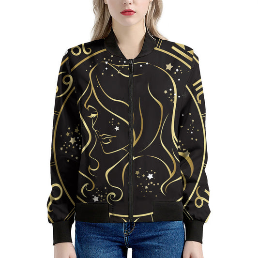 Gold And Black Virgo Sign Print Women's Bomber Jacket