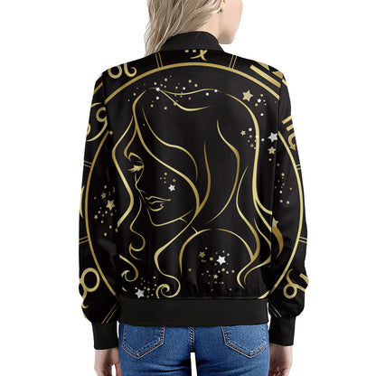 Gold And Black Virgo Sign Print Women's Bomber Jacket