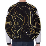 Gold And Black Virgo Sign Print Zip Sleeve Bomber Jacket
