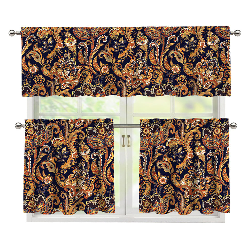 Gold And Blue Paisley Pattern Print 3 Piece Kitchen Curtains