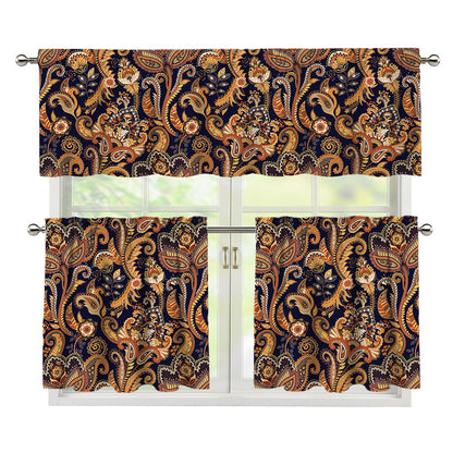 Gold And Blue Paisley Pattern Print 3 Piece Kitchen Curtains