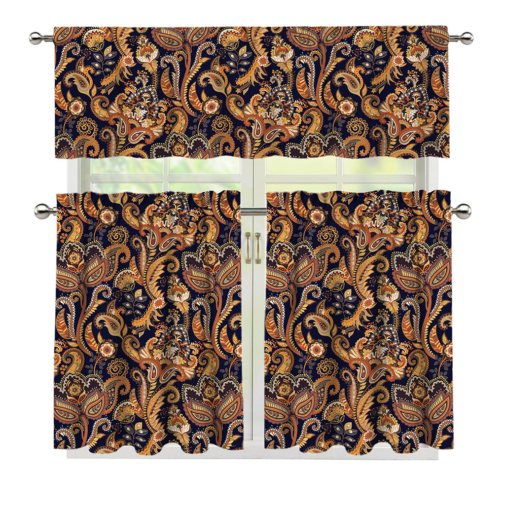 Gold And Blue Paisley Pattern Print 3 Piece Kitchen Curtains