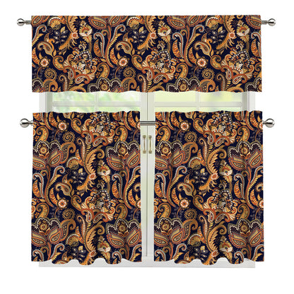 Gold And Blue Paisley Pattern Print 3 Piece Kitchen Curtains