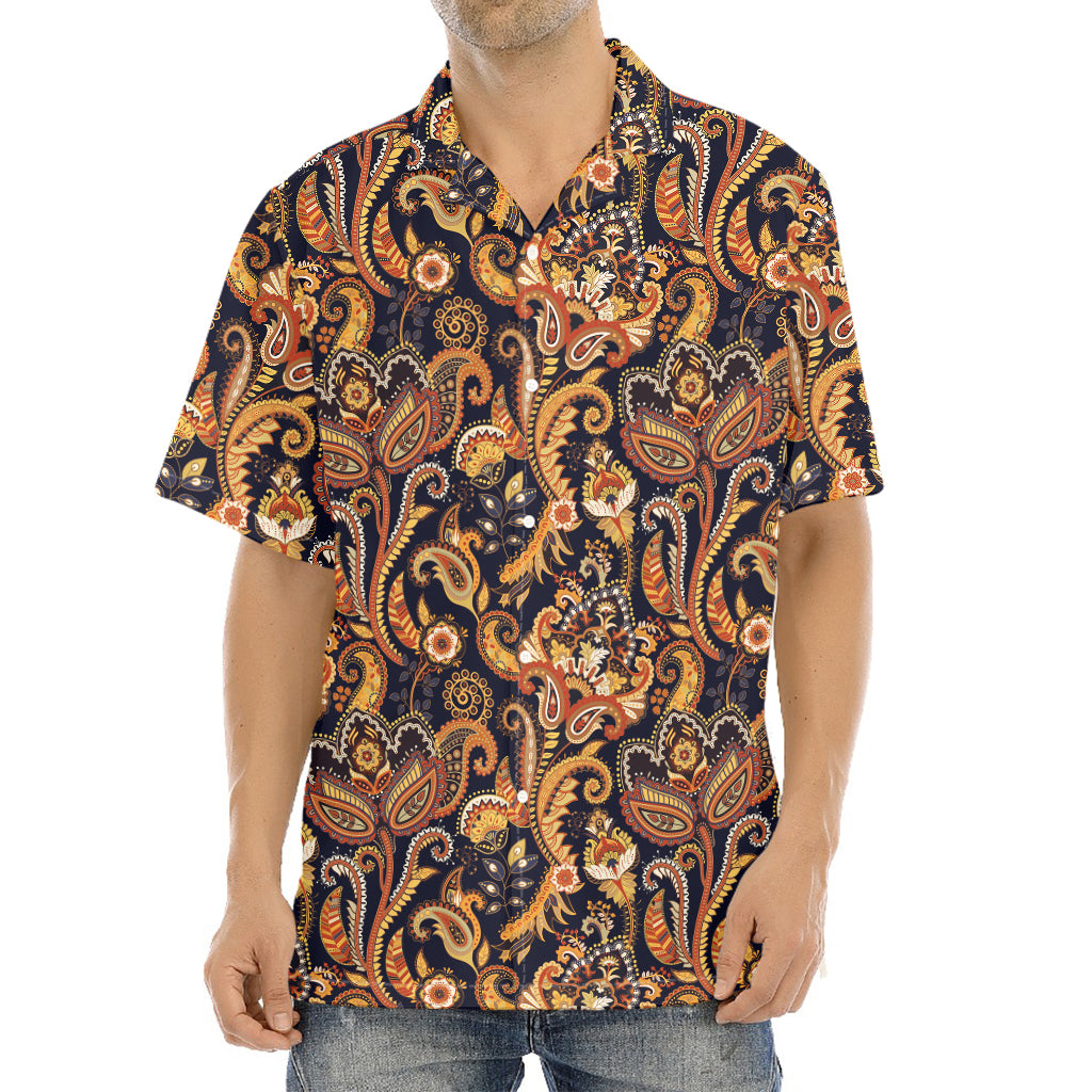 Gold And Blue Paisley Pattern Print Aloha Shirt