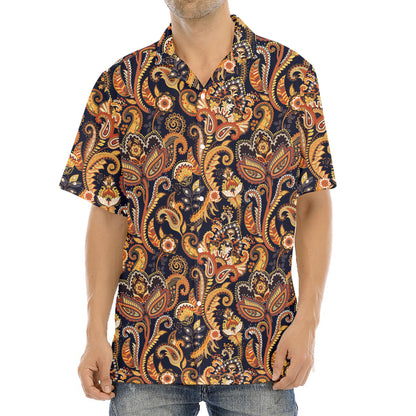 Gold And Blue Paisley Pattern Print Aloha Shirt