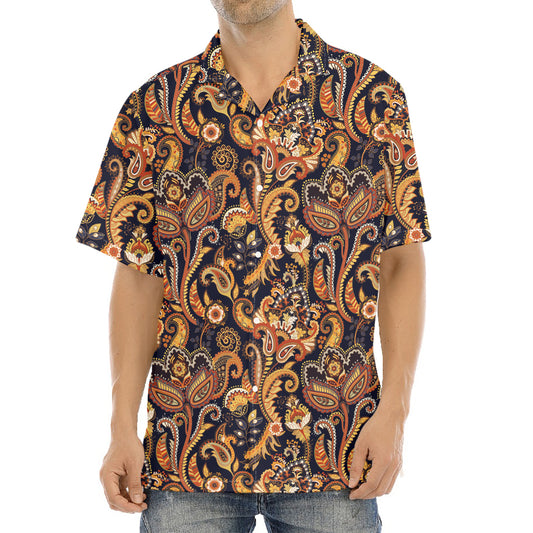Gold And Blue Paisley Pattern Print Aloha Shirt