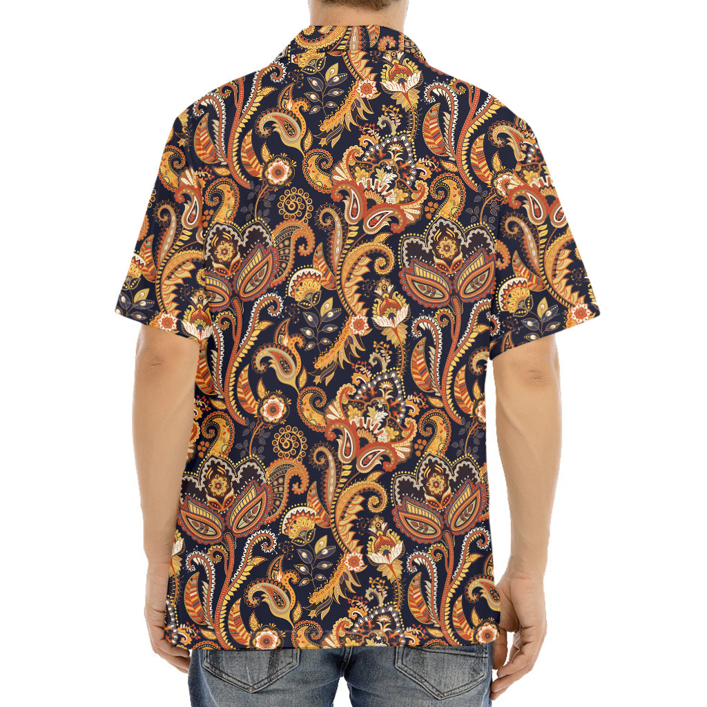 Gold And Blue Paisley Pattern Print Aloha Shirt