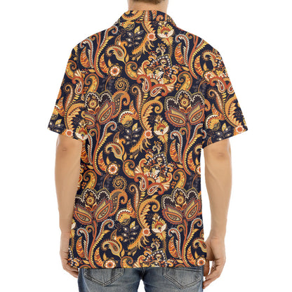 Gold And Blue Paisley Pattern Print Aloha Shirt